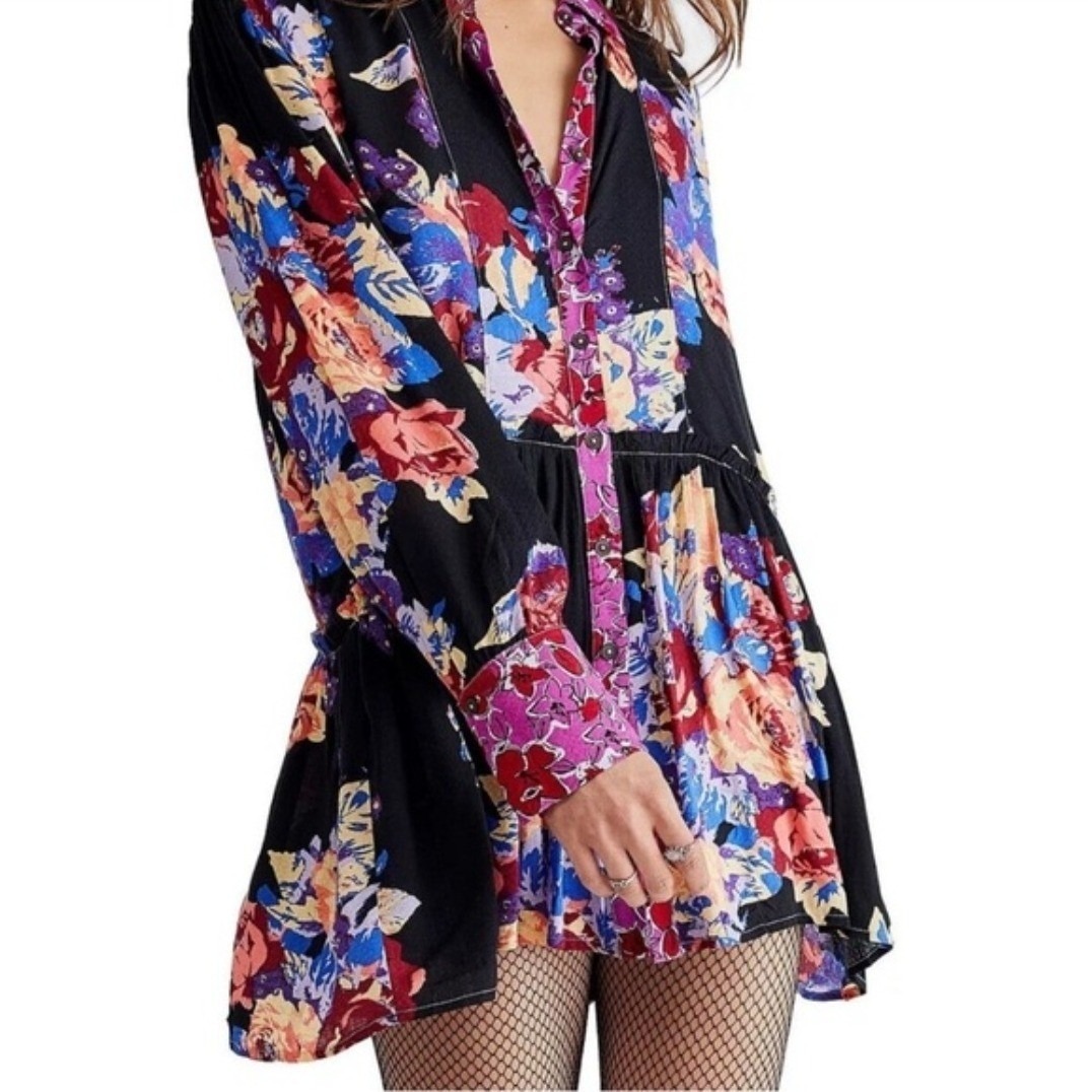 Free People Tunic Mini Dresswomens Xs Floral Mixed Print Peplum Boho
